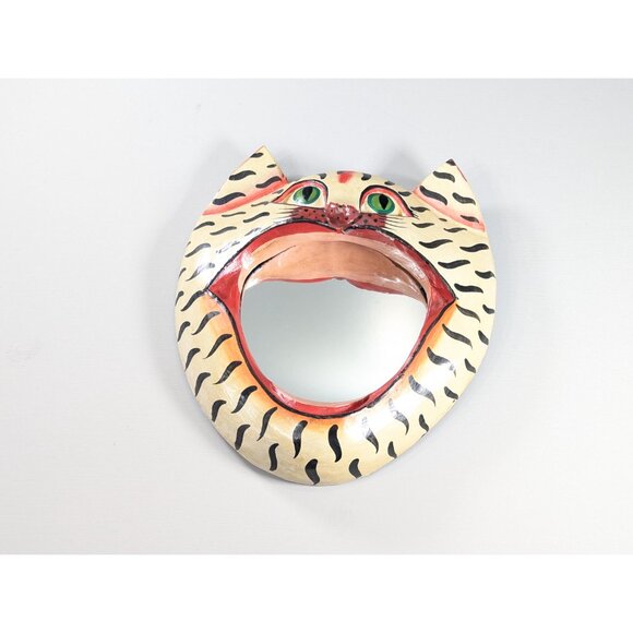 Vintage Cat Head Mirror Balinese Wooden Carved Hand Painted Tiger Striped Tabby - Picture 4 of 10